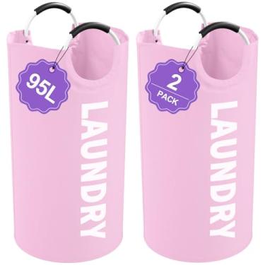 Imagem de IHOMAGIC 2 cestos de roupa suja dobráveis para a família, cestos de lavanderia portáteis de 95L com alças de alumínio, cestos multifuncionais de roupas sujas para dormitório, viagem, rosa
