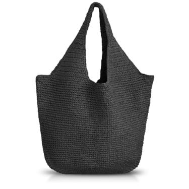Imagem de QTKJ Bolsa de praia feminina, bolsa de palha, sacola de grande capacidade, bolsa de ráfia adequada para férias e viagens diárias, Preto, One Size