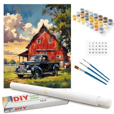 Imagem de Kit de pintura de fazenda por números para adultos – DIY vintage vermelho e pintura de caminhão preto em tela enrolada 40,6 x 50,8 cm, conjunto de tinta acrílica, adequado para iniciantes, arte para