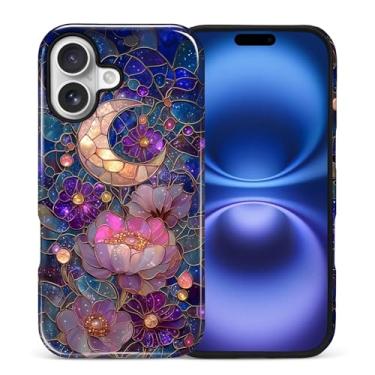 Imagem de ANLUN STORE Capa para iPhone 17, proteção dupla híbrida TPU macio + PC rígido à prova de choque, capa protetora antiarranhões e fina para homens e mulheres - design floral sol estrelas vitrais