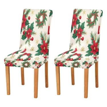 Imagem de Qilmy Conjunto de 4 capas elásticas para cadeira de jantar com padrão de guirlanda de Natal, laváveis, para sala de jantar, cozinha, hotel, banquete, festa, protetores de cadeira