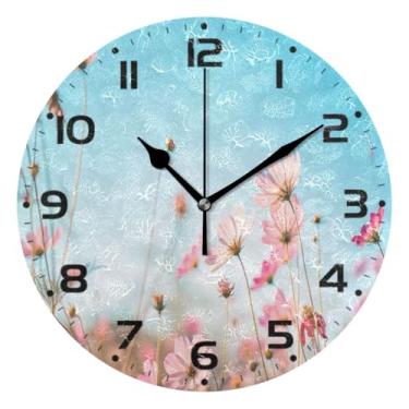 Imagem de JUZIHAI Lindo relógio de parede com flores cosmos, silencioso, redondo, sem tique-taque, operado por bateria, fácil de ler, relógio decorativo de parede para casa, cozinha, sala de estar, quarto