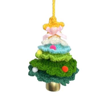Imagem de Hshsclth Enfeite de árvore de Natal de crochê feito à mão, decoração de acrílico com sino, estrela e pompons, decoração de porta de janela de casa de férias (verde ombre)