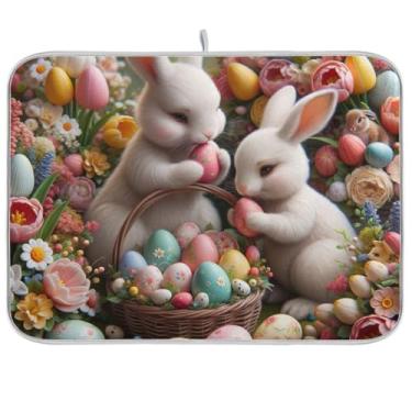 Imagem de Tapete de secagem de pratos, coelhinhos com ovos de Páscoa, tapete de café, reversível para decoração de bancada de cozinha, médio, 40,6 x 45,7 cm