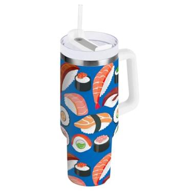 Imagem de Copo com isolamento duplo azul sushi com alça e canudo para água, copo isolado 850 g / 0,89 L