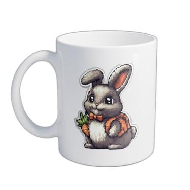 Imagem de Caneca Xícara de Café Porcelana 300ml Coelho Pixelado com Mochila e Cenoura