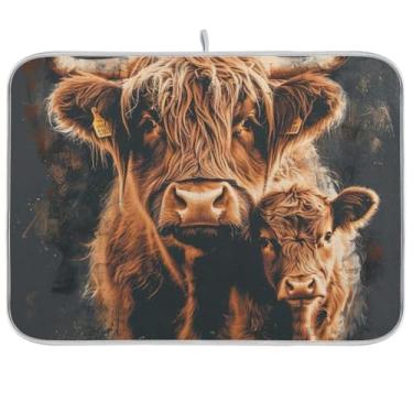 Imagem de Tapete de secagem de louça, tapete de café marrom Highland Cattle Tapete reversível para escorredor de pratos para balcão de cozinha, decoração de casa de férias, 45 x 61 cm