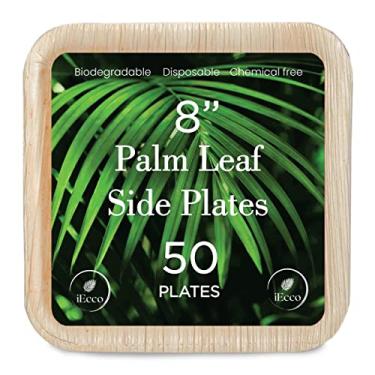 Imagem de iEcco Pratos descartáveis quadrados de folha de palmeira de 20,32 cm (pacote com 50) | Premium biodegradável, sustentável e resistente |100% como pratos de bambu natural | Ideal para festas, casamentos, eventos de bufê