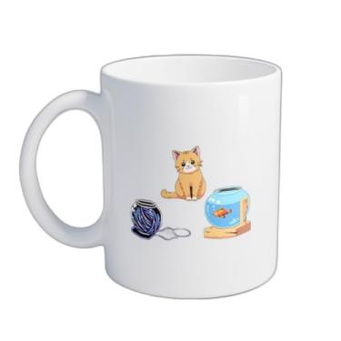 Imagem de Caneca Xícara de Café Porcelana 300ml com Gato e Bola de Fio Fundo Preto