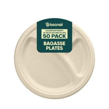 Imagem de BOSNAL Pratos compostáveis redondos com 3 compartimentos de 25 cm – pacote com 50, saco de cana 100% vegetal, pratos descartáveis ecológicos, seguros para micro-ondas, livre de BPA, durável e