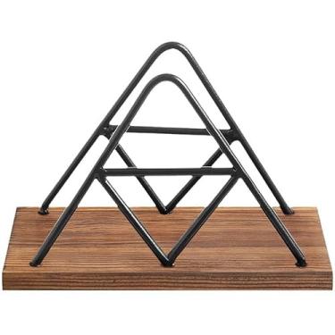 Imagem de Suporte de Guardanapos Triangular Madeira Moderno com Aço Inoxidável Design Geométrico Minimalista Estrutura 3D Resistente e Econômica Espaço Duplo Uso para Casa Café Restaurante Dispensação Fácil Usa