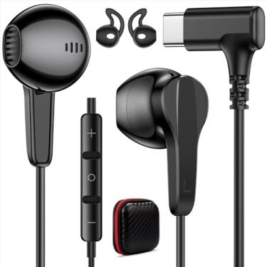 Imagem de iMangoo Fones de ouvido USB C com fio de 90° com plugue em ângulo reto, som Hi-Fi, USBC, laptop, computador, trabalho, fio, fones de ouvido com microfone, para iPhone 17, 16, 15, Samsung S25, preto