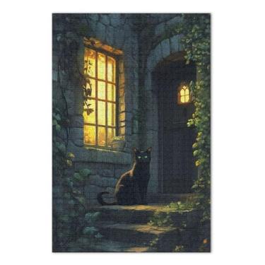 Imagem de Quebra-cabeças de porta de gato verde claro 1000 peças, quebra-cabeças rígidos para adultos com letras na parte de trás