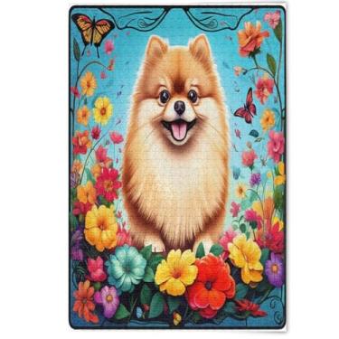 Imagem de Quebra-cabeça fofo para cães da Pomerânia com flores coloridas, 500 peças, presentes de jogos para adultos, adultos, estampa de flores, 500 peças, 52 x 37,8 cm