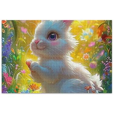 Imagem de Quebra-cabeças de coelho branco coelho flores adulto 1000 peças quebra-cabeça elefante branco divertido para adultos arte de flores