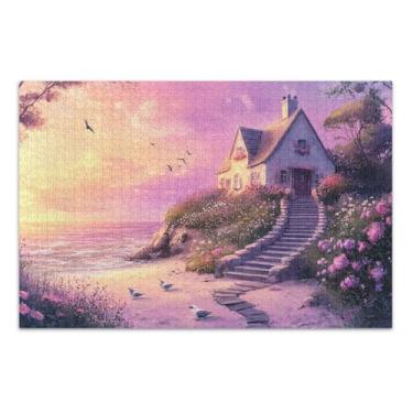 Imagem de Quebra-cabeça Cottage ao pôr do sol com flores para adultos com letras nas costas quebra-cabeças de 500 peças para adultos