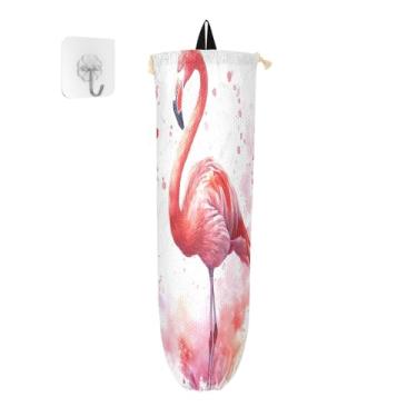 Imagem de Retrato em aquarela de porta-sacos de plástico flamingo rosa, organizador de bolsas para armazenamento de sacolas plásticas de cozinha