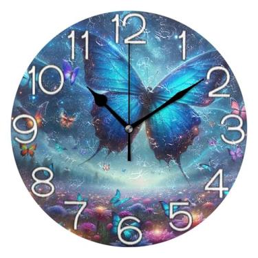 Imagem de GAIGEO Relógio de parede decorativo analógico operado por bateria relógio de cozinha rústico, retrô moderno art déco decoração de parede borboleta azul neon, 25 cm, ponteiros pretos