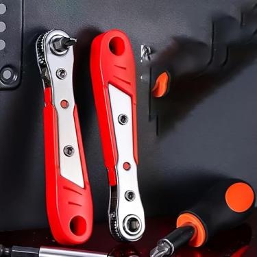 Imagem de Chave de fenda catraca multifuncional de aço com cotovelo de ângulo reto e conjunto de cabeça cruzada para espaços estreitos manual sem bateria, vermelho