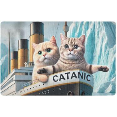 Imagem de Tapete de porta personalizado de gatos fofos Titanic Kitten Halloween para entrada, tapete externo absorvente para entrada externa 81 x 50 cm