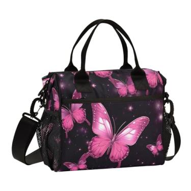 Imagem de GAIGEO Borboletas rosa em lancheira isolada preta com alças, lancheiras médias para mulheres, lancheiras térmicas para mulheres, M