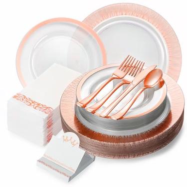 Imagem de 200 peças de pratos de jantar de plástico - pratos descartáveis decorativos - pratos descartáveis de casamento - conjunto de pratos de festa: 25 pratos de 7 e 25 25 polegadas, 50 garfos, 25 colheres,