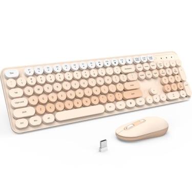 Imagem de Teclado e mouse sem fio, combo de teclado silencioso, teclado de máquina de escrever colorido de tamanho completo com teclas redondas, mouse fofo de 2,4 G compatível com PC/laptop/computador (chá de