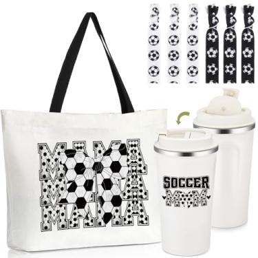 Imagem de Sieral 8 peças de presentes de mãe de futebol de Natal incluídos caneca de café mãe de futebol de 500 ml, placa de laço, sacola de lona, copo de viagem com laços de cabelo de palha para mulheres, mães