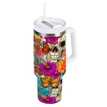 Imagem de Wassud Copo de caveira com flores com alça e tampa de canudo copo isolado garrafa de água de aço inoxidável à prova de vazamento caneca de viagem presentes para mulheres 1,134 g