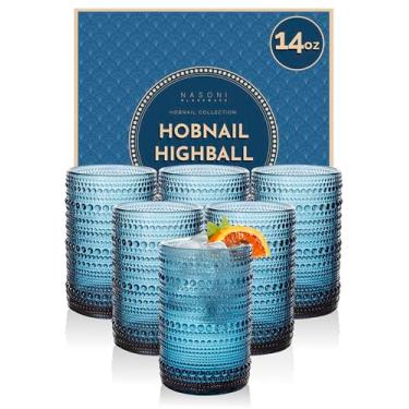 Imagem de NASONI GLASSWARE Conjunto de 6 copos Hobnail Highball de 400 ml (índigo) - Copo com contas em relevo, vintage, GG, copos duplos à moda antiga para bebidas, coquetéis, uísque, suco, água, refrigerante