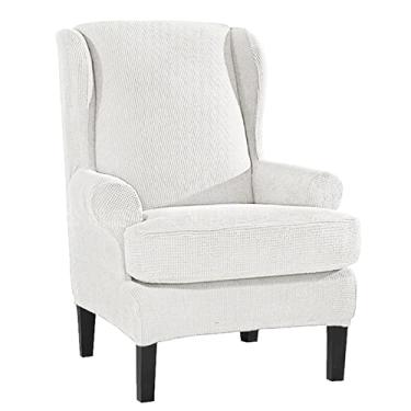 Imagem de BAGASI Capa de cadeira elástica com asa de jacquard, 2 peças, capa antiderrapante para móveis, capa de poltrona lavável para sala de estar com fundo elástico, branca