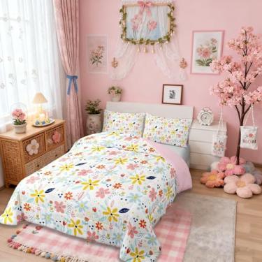 Imagem de Jogo de cama infantil adorável de flores, tamanho Queen, conjunto de edredom floral botânico, edredom kawaii, lençol com folhas de plantas, branco, colorido, para quarto, 2 fronhas