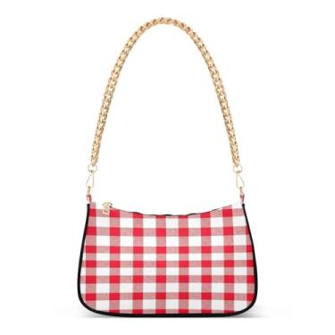 Imagem de Bolsa de ombro clássica de corrente xadrez vermelha e branca, bolsa feminina Hobo com grande capacidade e estilos de transporte versáteis