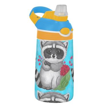 Imagem de Garrafa de água de 473 ml com canudo para crianças, meninas, meninos, 473 ml, garrafa de água esportiva reutilizável à prova de vazamento, copo infantil portátil, alça de transporte, guaxinins fofos