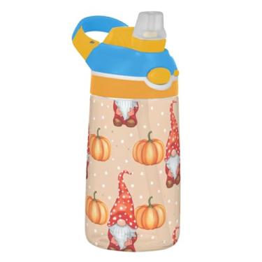 Imagem de Garrafa de água esportiva infantil de 473 ml com tampa de palha, garrafa de água Tritan portátil de 473 ml, copo infantil reutilizável à prova de vazamento, alça de transporte, desenho de abóbora