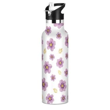 Imagem de Joisal Garrafas de água esportivas de aço inoxidável para meninos, aquarela, flores roxas, douradas, bege, 590 ml, garrafas de água à prova de vazamento, à prova de vazamento, copos infantis isolados