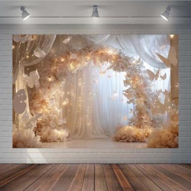 Imagem de KUKUSOUL Voile branco de 7 × 5 pés com pano de fundo de cordão de luzes, arco floral, tema de borboleta, festa de aniversário de casamento, chá de bebê, estúdio de sessão de fotos TAYBSJ191