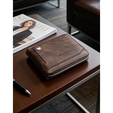 Imagem de Carteira masculina casual dobrável de couro, design de acesso rápido (marrom escuro)