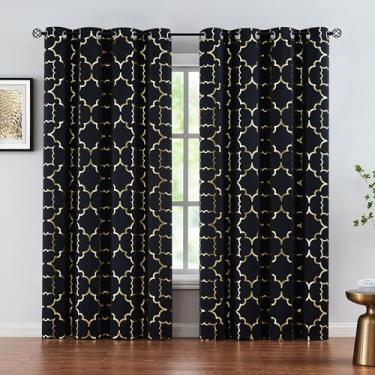 Imagem de Cortinas blackout para quarto, folha dourada em cortinas pretas 224 cm de comprimento para sala de estar, cortinas metálicas com estampa marroquina, tratamentos de janela com eficiência energética