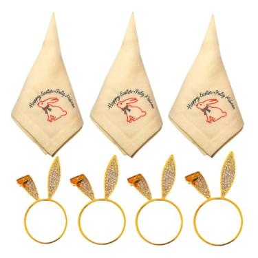 Imagem de Kit Guardanapos 45x45cm Marfim E Argolas Douradas Coelhinho Com Bordado E Strass