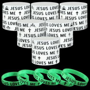 Imagem de PullCrease 50 pulseiras Jesus Loves Me que brilham no escuro, 10 estilos, pulseiras de silicone religiosas brancas com cruz cristã, presente para escola bíblica, igreja, grupo