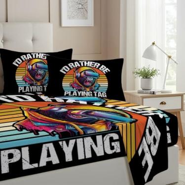 Imagem de Allenjoy Jogo de lençol casal Vr Gorilla Game Chasing Gorillas com bolsos profundos até 40,6 cm para decoração de quarto com 2 fronhas SC00305-009