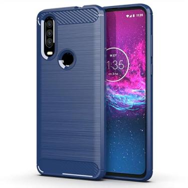 Imagem de Capa para Moto One Action Capa,Material de fibra de carbono,Macio antiderrapante,anti-óleo,Proteção total de capa de telefone compatível com Moto One Action-Blue