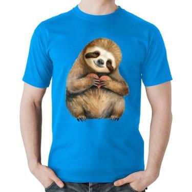 Imagem de Camiseta Algodão Bicho Preguiça Coração - Foca na Moda, Azul, GGG