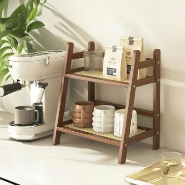 Imagem de Suporte de caneca estreito, organizador de estação de bar de chá e café com aparência de vime, suporte de bambu para matcha, prateleira de exibição de copos, rack de armazenamento de condimentos para