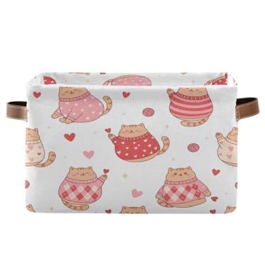 Imagem de Wassud Caixa de armazenamento de lona com alças e corações de gatos com desenhos animados, cestas organizadoras dobráveis para armário, banheiro e decoração de casa, 1 pacote