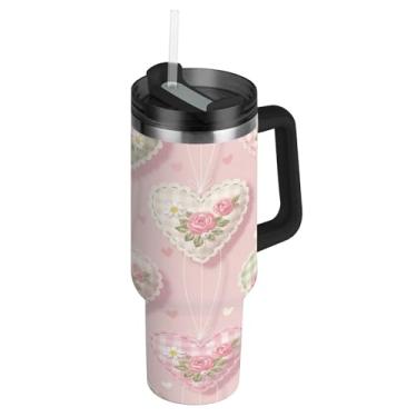 Imagem de ATTX Copo de coração rosa de 1,134 g com alça, copo de aço inoxidável a vácuo de parede dupla com palha, caneca de café de viagem isolada #473