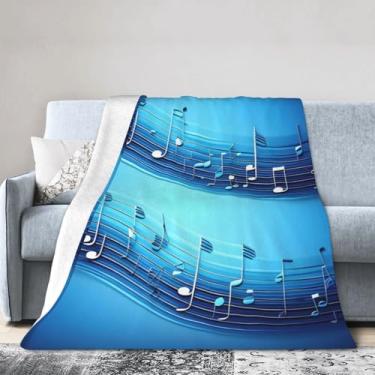 Imagem de Cobertor grande ultra macio com notas musicais azul-celeste, perfeito para cama, sofá e viagens, manta de flanela aconchegante e quente