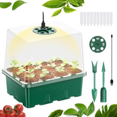 Imagem de Bandeja inicial de sementes com luz, 1 kit de sementes para iniciantes com luz de cultivo, bandejas para iniciantes de mudas com cúpulas de umidade, coberturas de altura de 9,9 cm, bandejas de