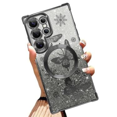 Imagem de Illians Capa magnética feita para Samsung Galaxy S24 Ultra 6,8 polegadas com glitter com design de borboleta preta, cantos reforçados de TPU macio, à prova de choque, antiarranhões, capa de telefone